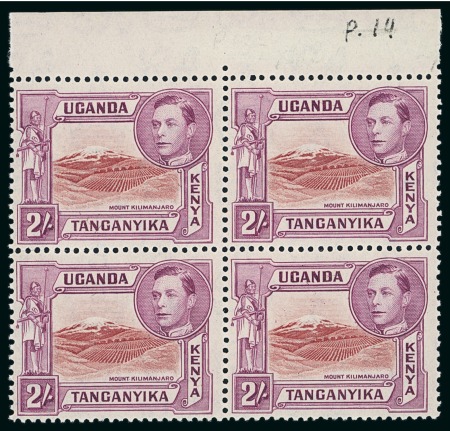 Stamp of Kenya, Uganda and Tanganyika » Kenya, Uganda and Tanganyika 1938-57 2s lake-brown and brown-purple, perf. 14, in mint n.h top marginal block of four