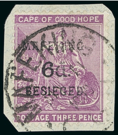 Stamp of South Africa » Mafeking 1900 6d on 3d, serif surcharge, pos.5, tied to small piece by Mafeking cds
