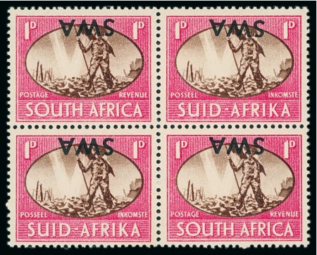 Stamp of South Africa 1945 Victory 1d with inverted overprint in mint n.h. block of four