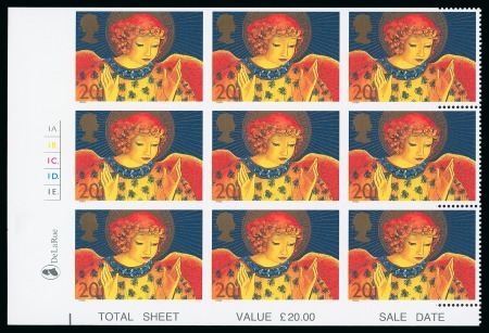 Stamp of Great Britain » Queen Elizabeth II 1998 Christmas Angels 20p mint n.h. lower left hand corner marginal cylinder block of nine bearing three imperforate pairs