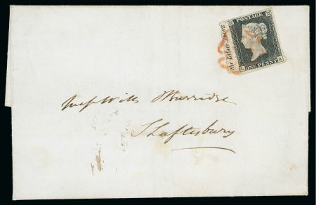 Stamp of Great Britain » 1840 1d Black and 1d Red plates 1a to 11 1840 1d Grey-Black pl.1a LA with part sheet margin tied to a clean by a red MC