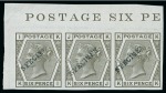 Stamp of Great Britain » 1855-1900 Surface Printed » 1873-80 Large Coloured Corner Letters 1878 6d grey pl.16 KI-KK imperf. marginal strip of three from the upper right of the pane, overprinted "SPECIMEN" type 9