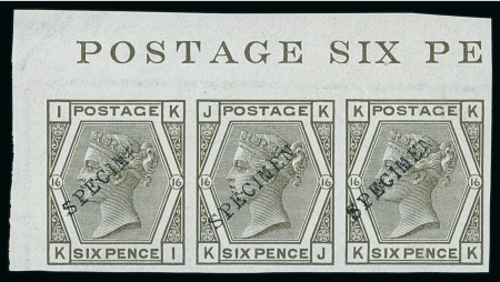 Stamp of Great Britain » 1855-1900 Surface Printed » 1873-80 Large Coloured Corner Letters 1878 6d grey pl.16 KI-KK imperf. marginal strip of three from the upper right of the pane, overprinted "SPECIMEN" type 9