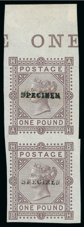 Stamp of Great Britain » 1855-1900 Surface Printed » 1867-83 High Values 1867-83 £1 brown-lilac pl.1 AH-BH colour trial in vertical imperf. pair from the top of the sheet 