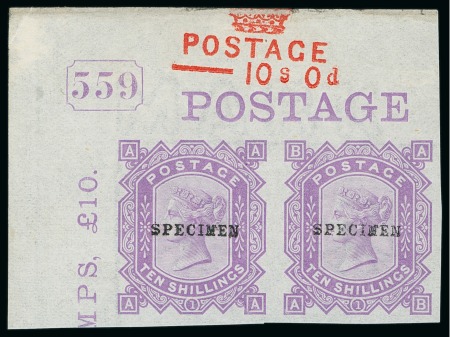Stamp of Great Britain » 1855-1900 Surface Printed » 1867-83 High Values 1878 10/- AA-AB imperforate pair of colour trials in