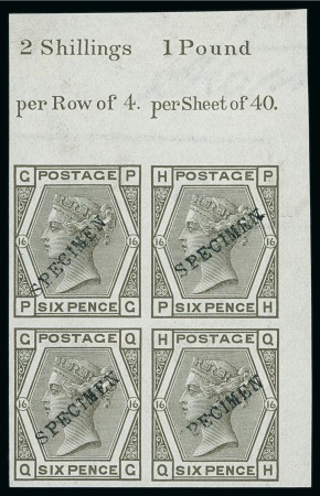 Stamp of Great Britain » 1855-1900 Surface Printed » 1873-80 Large Coloured Corner Letters 1878 6d grey pl.16 PG-QH imperforate marginal block of four overprinted "SPECIMEN" type 9