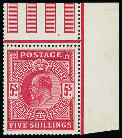 Stamp of Great Britain » King Edward VII » 1911-13 Somerset House Issues 1911-13 Somerset house 5s carmine mint n.h. corner marginal exampl