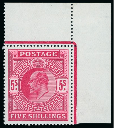 Stamp of Great Britain » King Edward VII » 1902-10 De La Rue Issues 1902-10 De La Rue 5s deep bright carmine mint n.h. corner marginal exampl