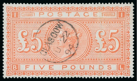 Stamp of Great Britain » 1855-1900 Surface Printed » 1867-83 High Values 1867-83 £5 Orange, BL, neatly cancelled by Glasgow