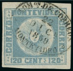 Stamp of Uruguay 1858, 120c blue used and 180c unused, Sperati forgeries