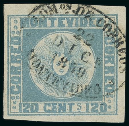 Stamp of Uruguay 1858, 120c blue used and 180c unused, Sperati forgeries