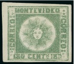 Stamp of Uruguay 1858, 120c blue used and 180c unused, Sperati forgeries