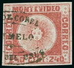 Stamp of Uruguay 1858, 240c red, three examples incl. one unused and two used