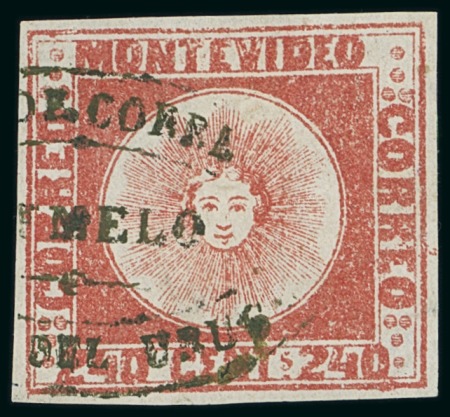 Stamp of Uruguay 1858, 240c red, three examples incl. one unused and two used