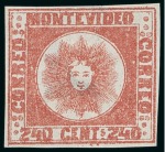Stamp of Uruguay 1858, 240c red, three examples incl. one unused and two used