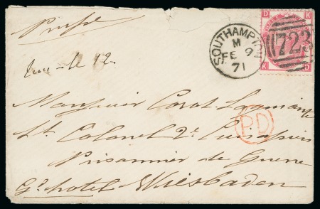 Stamp of Great Britain » 1854-1900 Postal History of the Perforated Line Engraved and Surface Printed Issues 1871 Trio of Franco-Prussian War related covers, sent from the UK to a French Lt. Colonel who was a prisoner of war in Wiesbaden