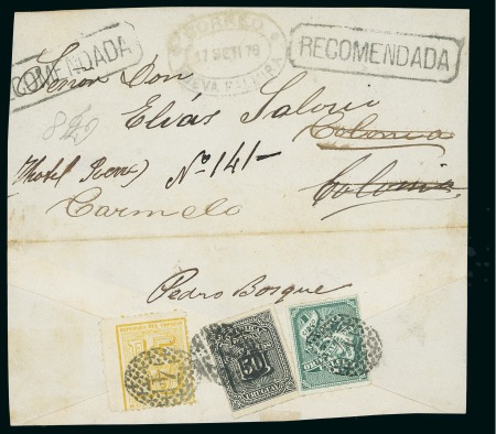 Stamp of Uruguay 1878 Double weight registered envelope bearing a unique three-colour frankiing incl. the rare 1877 50c black