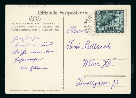 Stamp of Olympics » Non-Olympic and Anti-Olympic Championships 1933 Austria FIS Alpine World Ski Championships official postcard with 12gr on the reverse