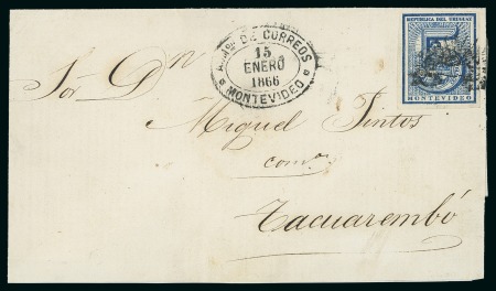 Stamp of Uruguay 1866 Very early cover from Montevideo, with 5c tied by mute sunburst over ribbon