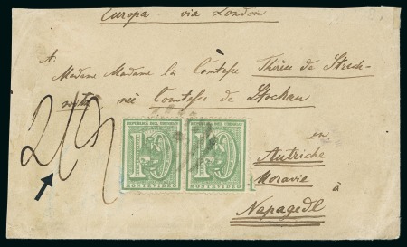Stamp of Uruguay (1868-72) Envelope sent to Nagapedl (Austria, today in Czech Republic) bearing 10c pair