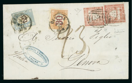 Stamp of Peru 1871 Cover from Callao to Genoa, bearing two "Trencito" examples and Italian postage dues