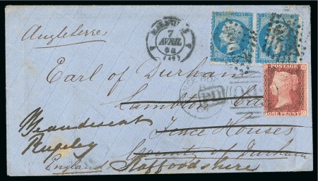 Stamp of Great Britain » 1854-1900 Postal History of the Perforated Line Engraved and Surface Printed Issues 1864 (Apr 7) Incoming envelope from Marseille, France, with Empire 20c pair, redirected with 1d red "star"