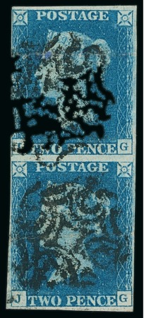 Stamp of Great Britain » 1840 2d Blue (ordered by plate number) 1840 2d blue pl.2 IG-JG vertical pair cancelled by Leeds distinctive Maltese Cross in black