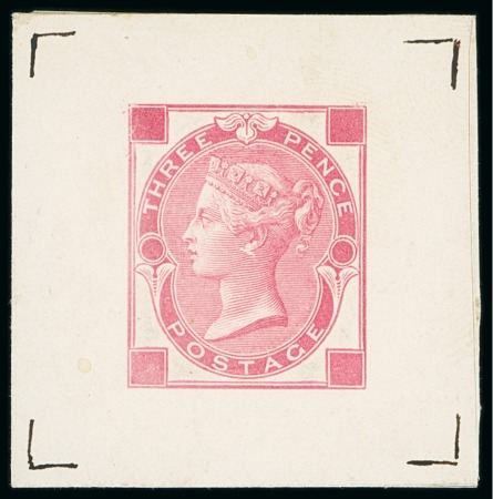Stamp of Great Britain » 1855-1900 Surface Printed » 1867-80 Large Uncoloured Corner Letters, Wmk Spray of Rose 1870 3d die proof in Rose on white matt card 1870 International Exhibition