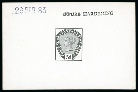 Stamp of Great Britain » 1855-1900 Surface Printed » 1883-84 Lilac & Green Issue 1883 5d unissued die 1 De La Rue die proof showing the line under "d", printed in black on white glazed card
