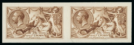 Stamp of Great Britain » King George V » 1913-19 Seahorse Issues 1916 2s6d deep yellow brown (De La Rue "Hoe Press" printing) horizontal pair of imperforate imprimaturs