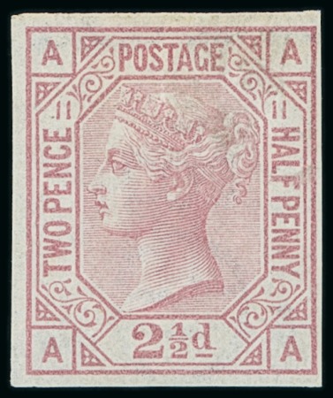 Stamp of Great Britain » 1855-1900 Surface Printed » 1873-80 Large Coloured Corner Letters 1873-80 2 1/2d rosy mauve pl.11 AA imperforate imprimatur
