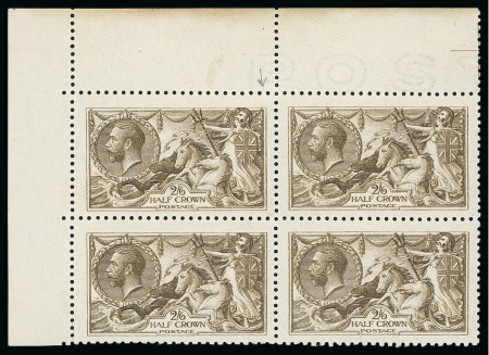 Stamp of Great Britain » King George V » 1913-19 Seahorse Issues 1915 De La Rue 2s6d blackish brown mint n.h. marginal block of four
