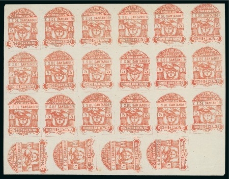 Stamp of Colombia » States - Santander 1886 5c red, unused block of 22 without gum with bottom row printed sideways pointing to the left