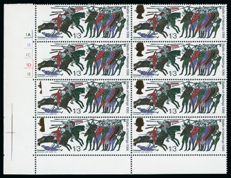 Stamp of Great Britain » Queen Elizabeth II 1966 Battle of Hastings 1s3d mint n.h. lower left marginal cylinder block of 8 showing progressive gold omitted (Queen's head) with two complete omissions