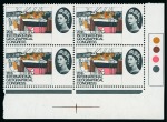 Stamp of Great Britain » Queen Elizabeth II 1964 Geographical Congress 4d with variety violet omitted (face value) in mint n.h. lower right traffic light corner block of four