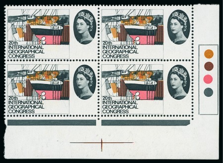 Stamp of Great Britain » Queen Elizabeth II 1964 Geographical Congress 4d with variety violet omitted (face value) in mint n.h. lower right traffic light corner block of four