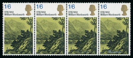 Stamp of Great Britain » Queen Elizabeth II 1970 Literary Anniversaries 1s6d with silver omitted ("Grasmere" at foot) in mint n.h. progressive strip of four