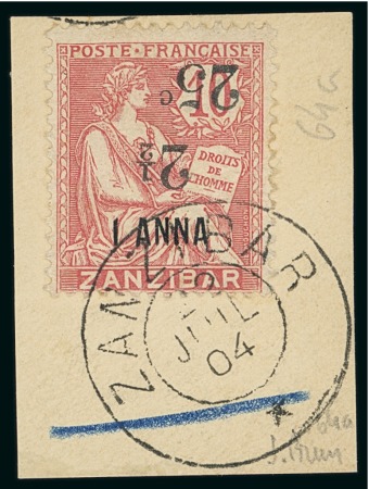 Stamp of Colonies françaises » Zanzibar (Poste française) 1904, Y&T n°64a oblitéré sur fragment variété