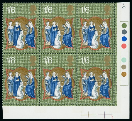 Stamp of Great Britain » Queen Elizabeth II 1970 Christmas 1s6d with salmon omitted in mint n.h. lower right corner marginal traffic light block of six