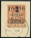 Stamp of Colonies françaises » Zanzibar (Poste française) 1904, Y&T n°68 oblitéré sur fragment, cote 600€,