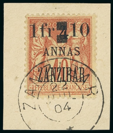 Stamp of Colonies françaises » Zanzibar (Poste française) 1904, Y&T n°62 oblitéré sur fragment, cote 2'550€,