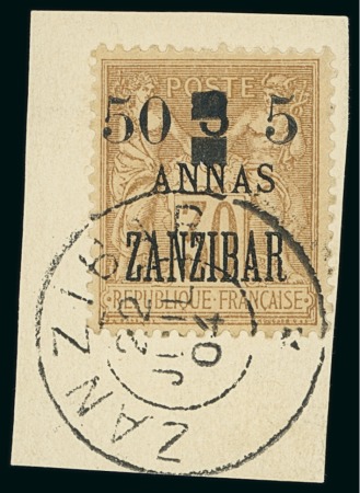 Stamp of Colonies françaises » Zanzibar (Poste française) 1904, Y&T n°59 oblitéré sur fragment , cote 1'550€,