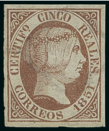 Stamp of Spain 1851 5r dark reddish chestnut instead of rose, error of colour,  used