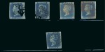 Stamp of Large Lots and Collections Great Britain: 1840 2d blue used group of five incl. one with 1844-type "466" numeral