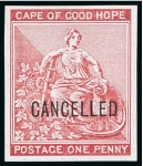 Stamp of South Africa » Transvaal 1871-76 1d, 1s and 5s (2) imperf. plate proofs with "CANCELLED" overprints