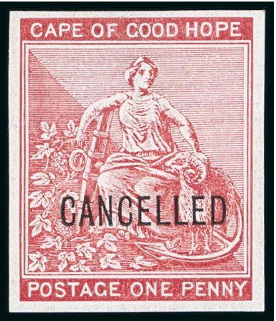 Stamp of South Africa » Transvaal 1871-76 1d, 1s and 5s (2) imperf. plate proofs with "CANCELLED" overprints