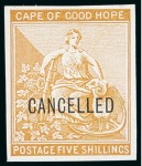 Stamp of South Africa » Transvaal 1871-76 1d, 1s and 5s (2) imperf. plate proofs with "CANCELLED" overprints