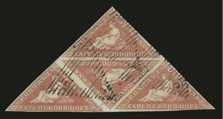 Stamp of South Africa » Cape of Good Hope 1853 1s pale brick red on deeply blued paper in used triangular block of four