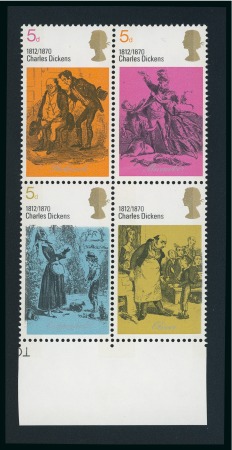 Stamp of Great Britain » Queen Elizabeth II 1970 Literary Anniversaries 5d mint n.h. se-tenant block of four with variety light greenish blue omitted