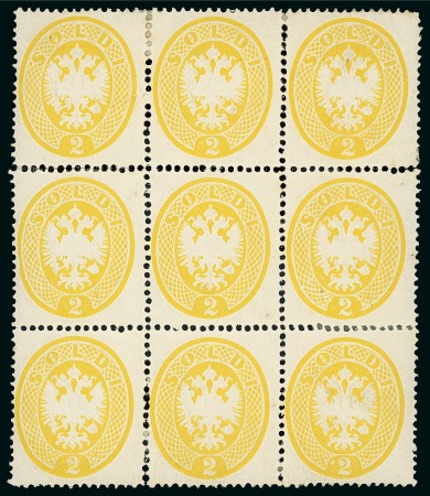 Stamp of Italian States » Lombardy Venetia 1863 2s yellow in mint block of nine